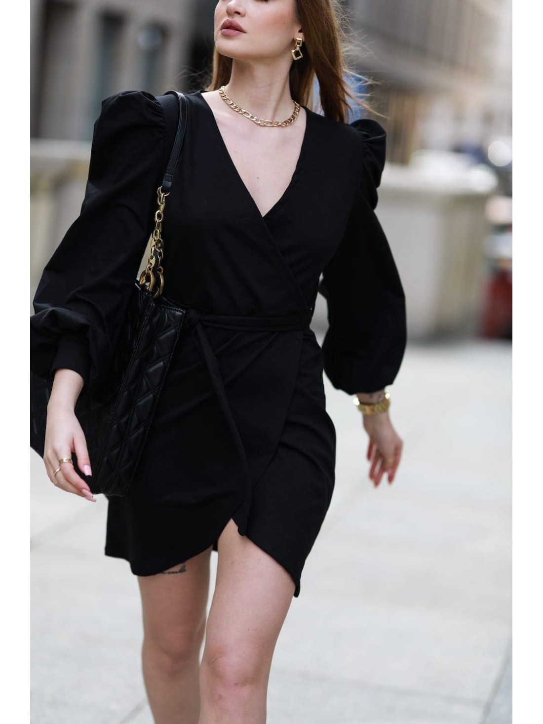 Envelope dress with puffy sleeves, black FI701 - Online store - Boutique